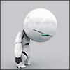 shiny robot,big head,body,legs,arms,white,gray,eye,dark,black,small,looking down